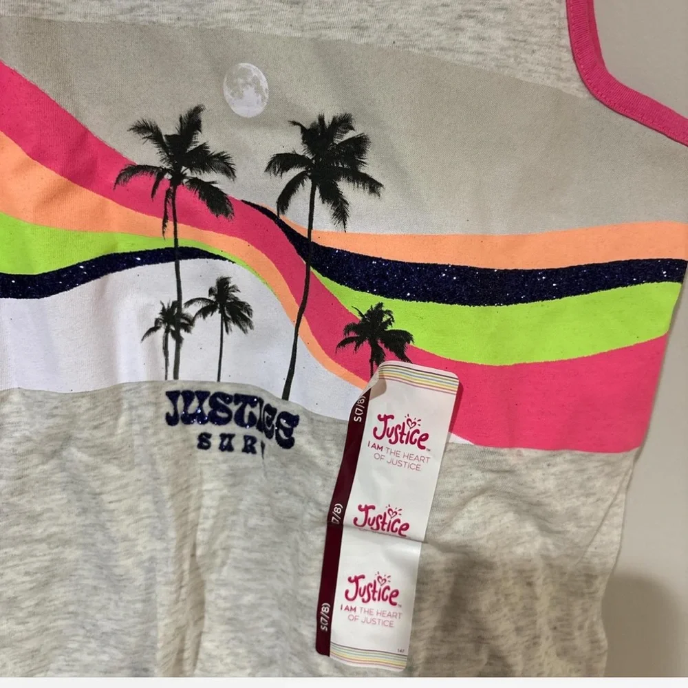 Justice Girls Tropical Palm Tank Top Size Small Gray Pink Tie Front